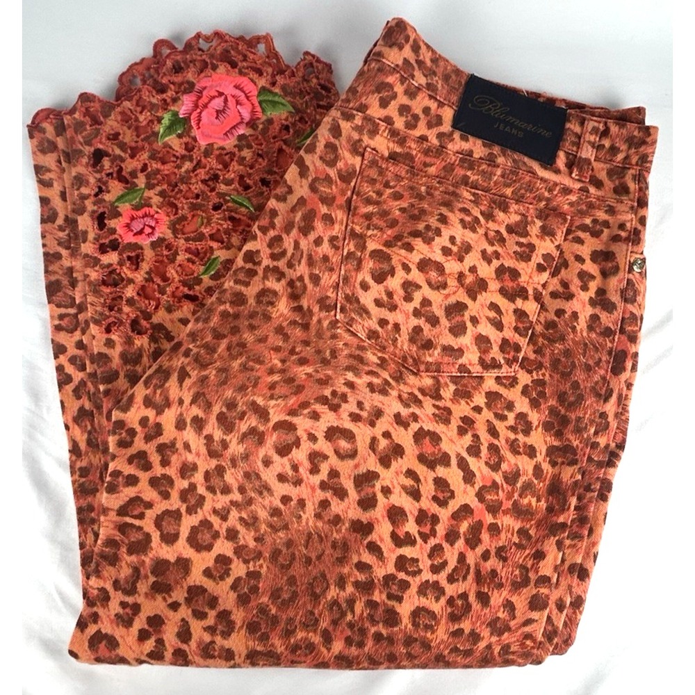 BLUMARINE Orange Leopard Denim Floral Embroidered Cutout Jeans Italy Sz 46 Ankle